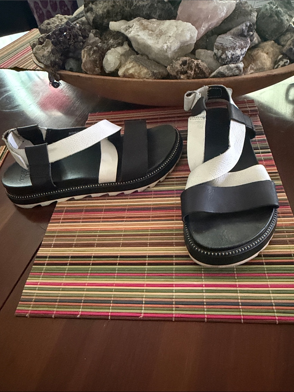 SOREL Black and White Strappy Platform Sandals